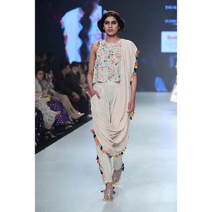 Payal Singhal Beige Top and Dhoti with Attached Drape (Set of 2)