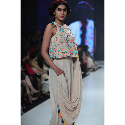 Payal Singhal Beige Top and Dhoti with Attached Drape (Set of 2)