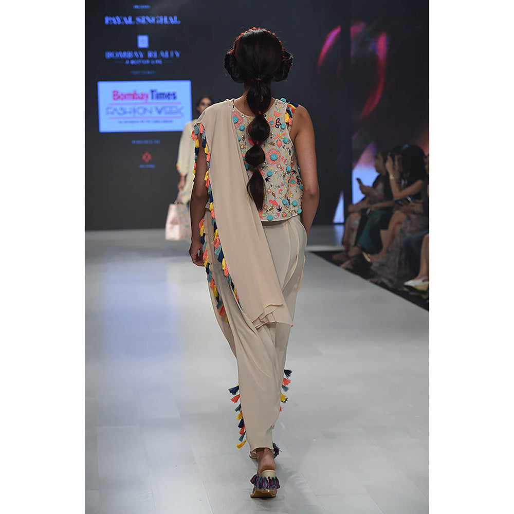 Payal Singhal Beige Top and Dhoti with Attached Drape (Set of 2)