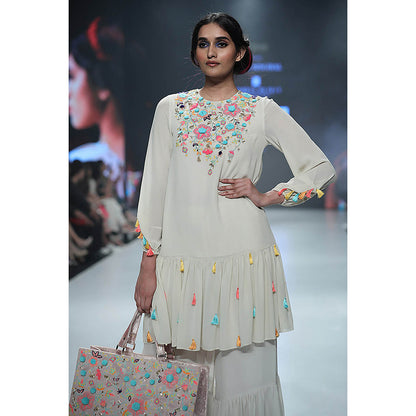 Payal Singhal White Georgette Frill Kurta with Palazzo (Set of 2)