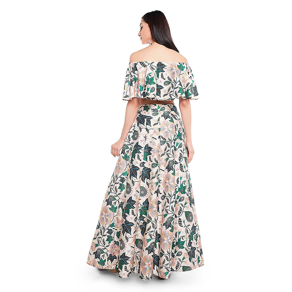 Payal Singhal White Printed Ruffle Top with Lehenga (Set of 2)