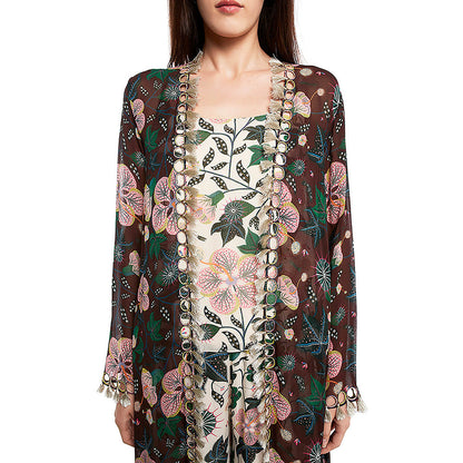 Payal Singhal Brown Printed Jacket with Crop Top and Palazzo (Set of 3)