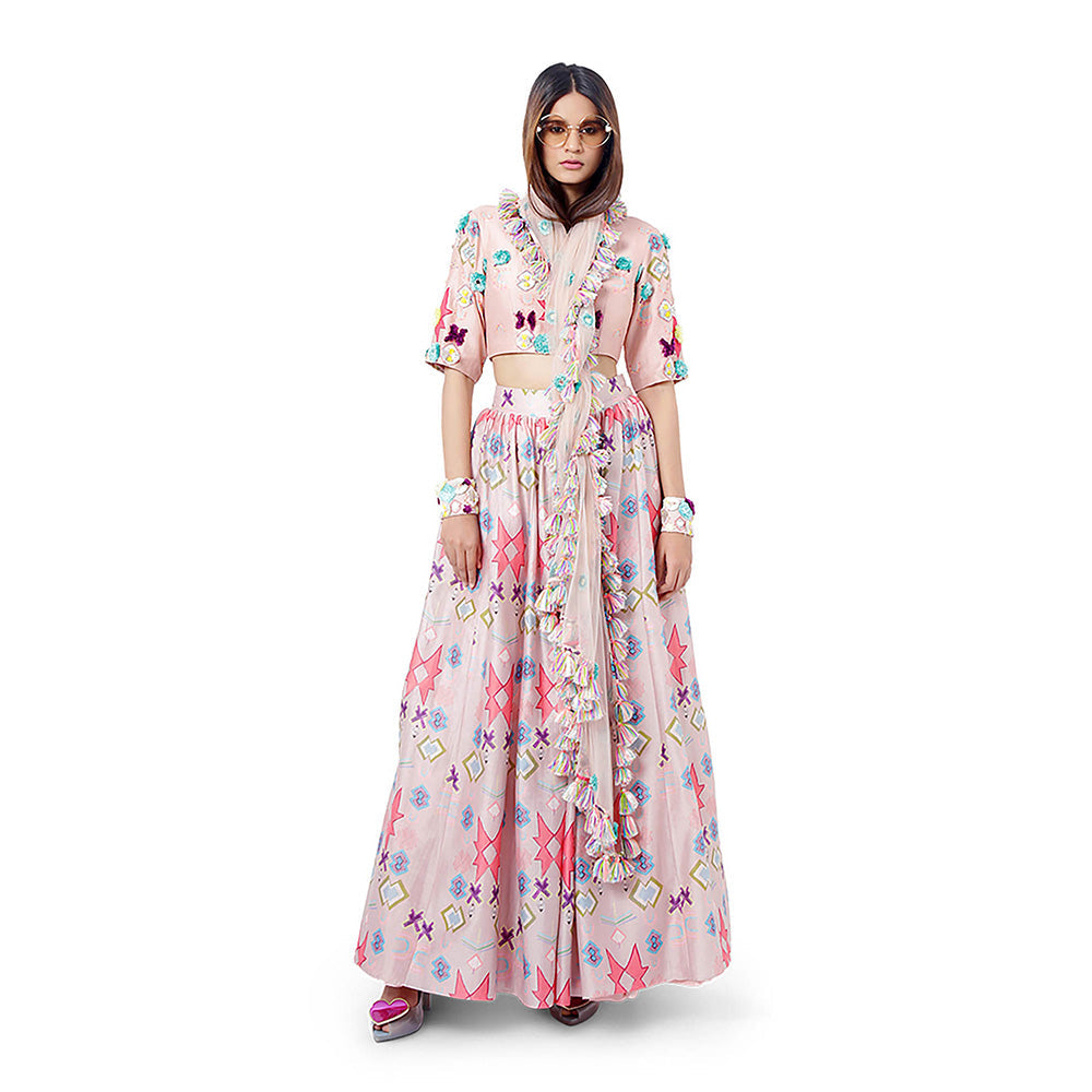 Payal Singhal Pink Printed Blouse with Lehenga and Dupatta (Set of 3)