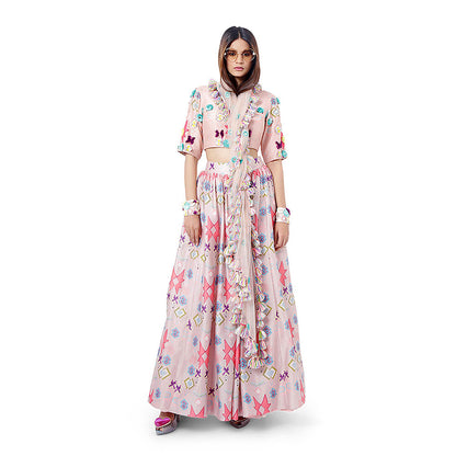 Payal Singhal Pink Printed Blouse with Lehenga and Dupatta (Set of 3)
