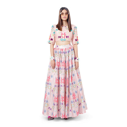 Payal Singhal Pink Printed Blouse with Lehenga and Dupatta (Set of 3)