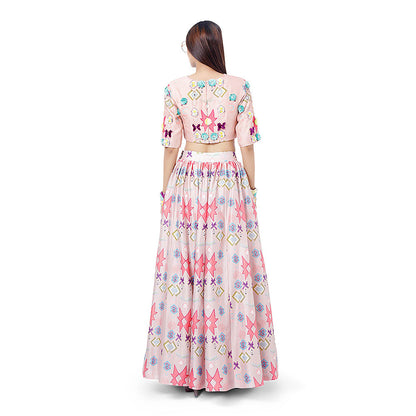 Payal Singhal Pink Printed Blouse with Lehenga and Dupatta (Set of 3)