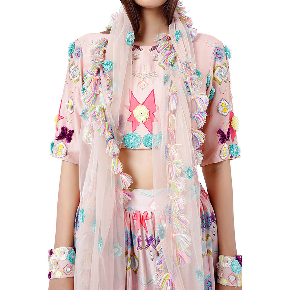 Payal Singhal Pink Printed Blouse with Lehenga and Dupatta (Set of 3)