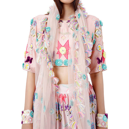 Payal Singhal Pink Printed Blouse with Lehenga and Dupatta (Set of 3)