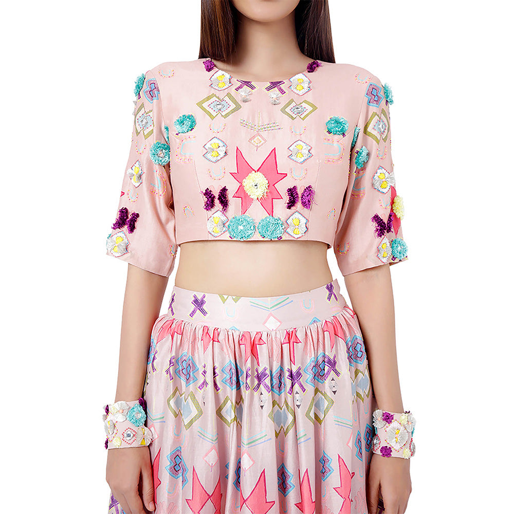 Payal Singhal Pink Printed Blouse with Lehenga and Dupatta (Set of 3)