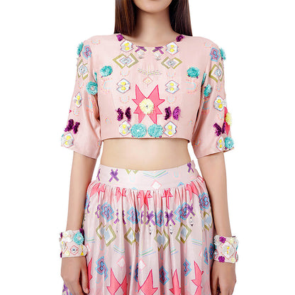 Payal Singhal Pink Printed Blouse with Lehenga and Dupatta (Set of 3)