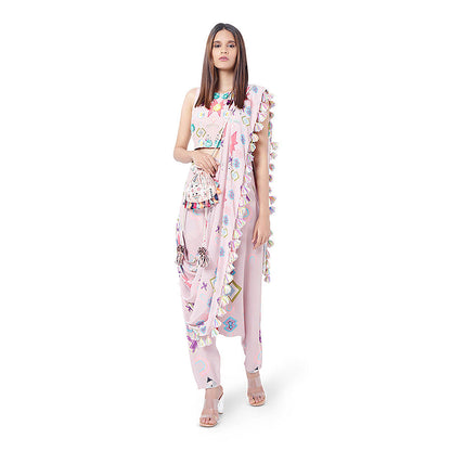 Payal Singhal Pink Printed Top and Dhoti with Attached Drape (Set of 2)
