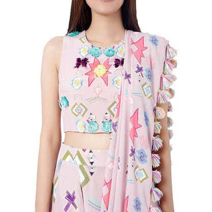Payal Singhal Pink Printed Top and Dhoti with Attached Drape (Set of 2)