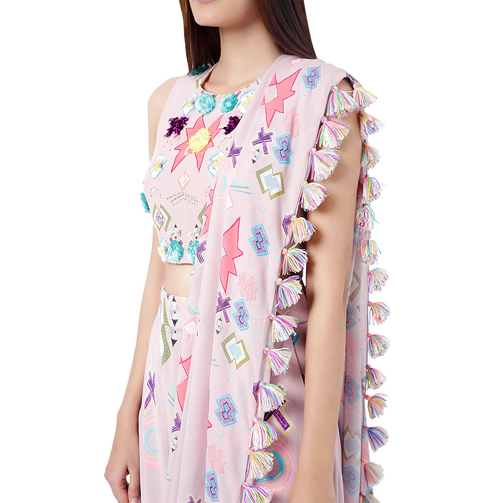 Payal Singhal Pink Printed Top and Dhoti with Attached Drape (Set of 2)