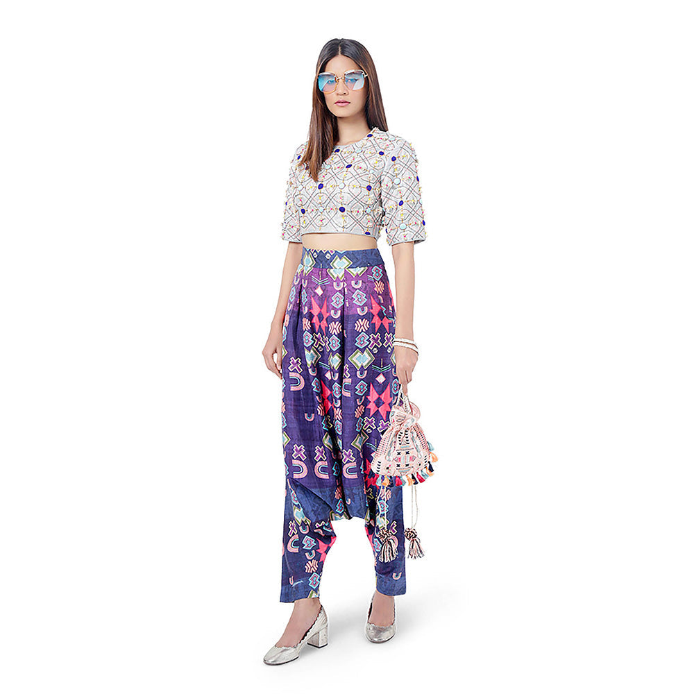Payal Singhal Purple Blue Embroidered Crop Top with Dhoti (Set of 2)