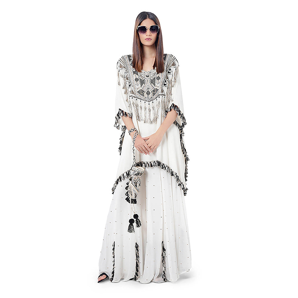 Payal Singhal Amaya Chalk White Embroidered Short Kaftan with Sharara (Set of 2)
