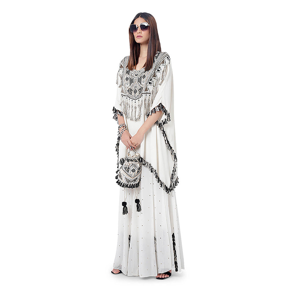 Payal Singhal Amaya Chalk White Embroidered Short Kaftan with Sharara (Set of 2)