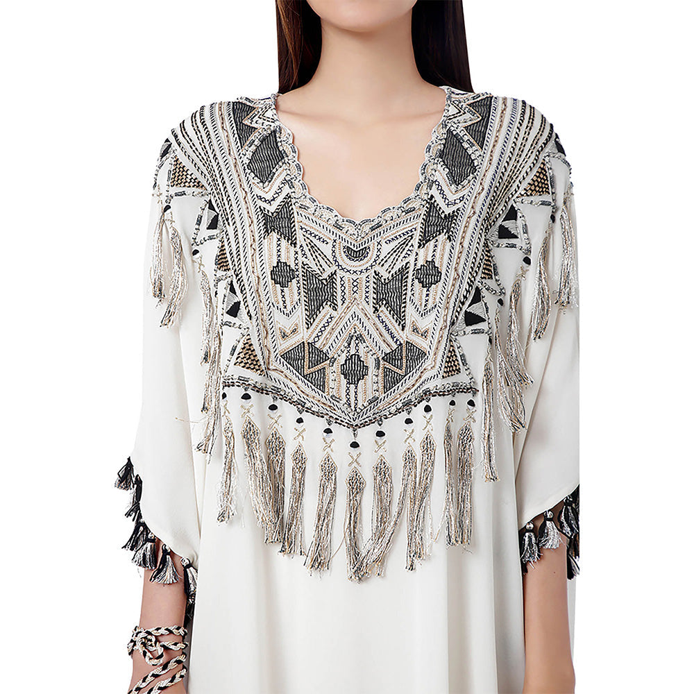 Payal Singhal Amaya Chalk White Embroidered Short Kaftan with Sharara (Set of 2)