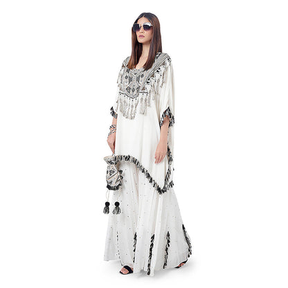 Payal Singhal Amaya Chalk White Embroidered Short Kaftan with Sharara (Set of 2)