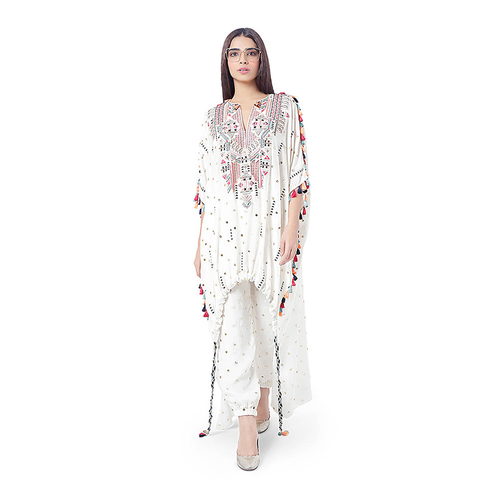 Payal Singhal White Embroidered High-Low Kaftan with Pant (Set of 2)