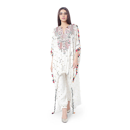 Payal Singhal White Embroidered High-Low Kaftan with Pant (Set of 2)