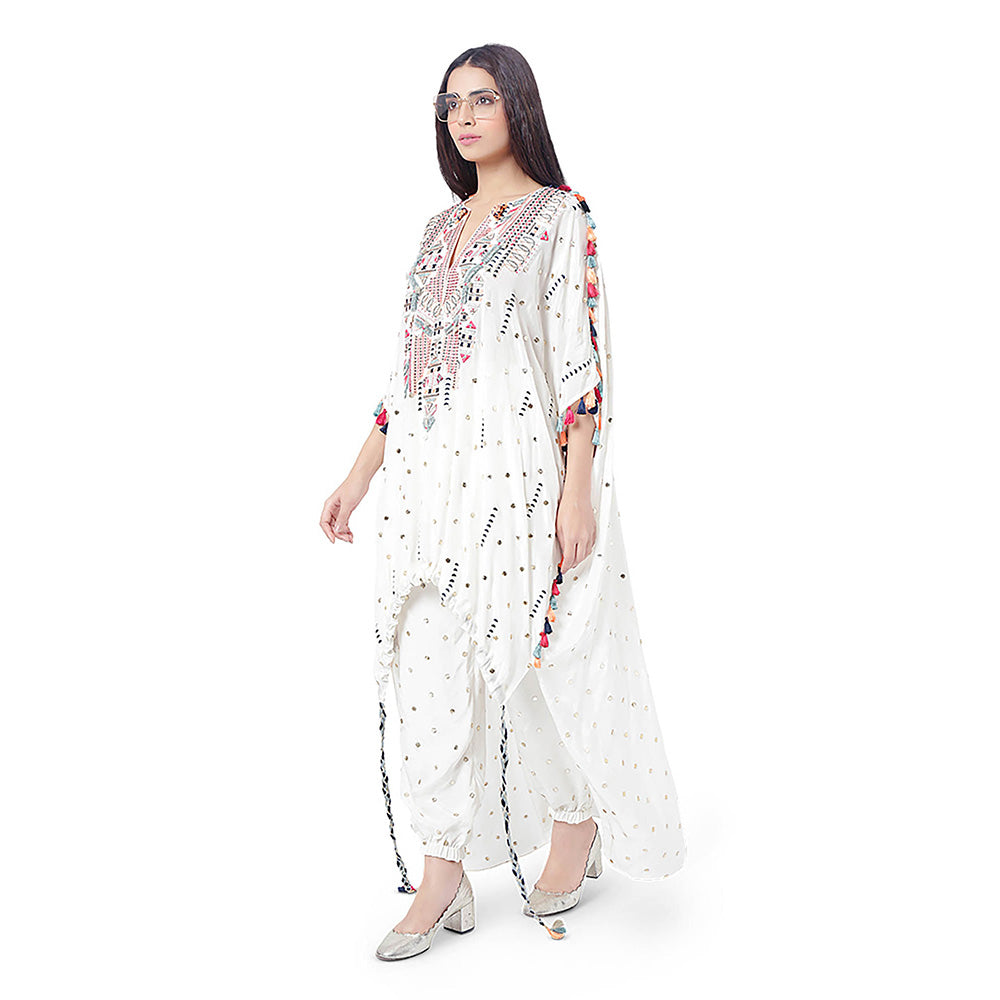 Payal Singhal White Embroidered High-Low Kaftan with Pant (Set of 2)