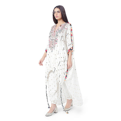 Payal Singhal White Embroidered High-Low Kaftan with Pant (Set of 2)