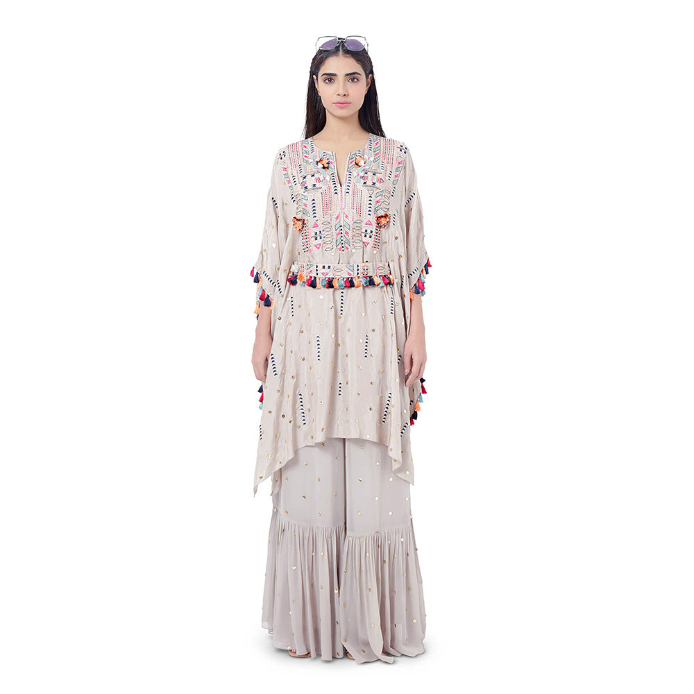Payal Singhal Grey Embroidered Kaftan with Belt and Frill Palazzo (Set of 3)