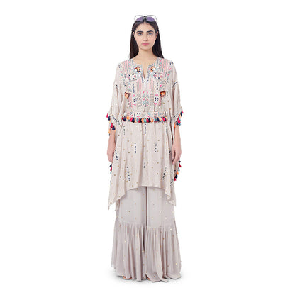 Payal Singhal Grey Embroidered Kaftan with Belt and Frill Palazzo (Set of 3)