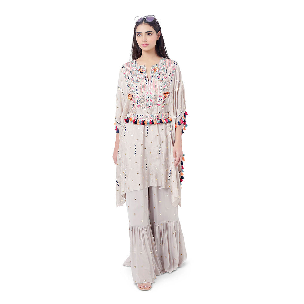 Payal Singhal Grey Embroidered Kaftan with Belt and Frill Palazzo (Set of 3)