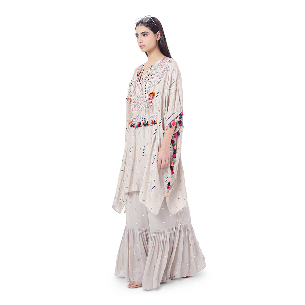 Payal Singhal Grey Embroidered Kaftan with Belt and Frill Palazzo (Set of 3)
