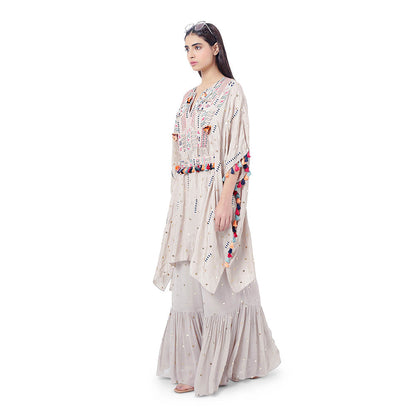 Payal Singhal Grey Embroidered Kaftan with Belt and Frill Palazzo (Set of 3)