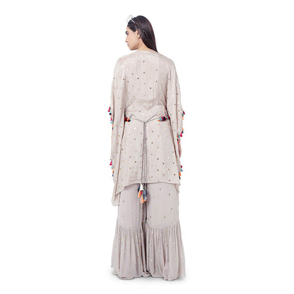 Payal Singhal Grey Embroidered Kaftan with Belt and Frill Palazzo (Set of 3)