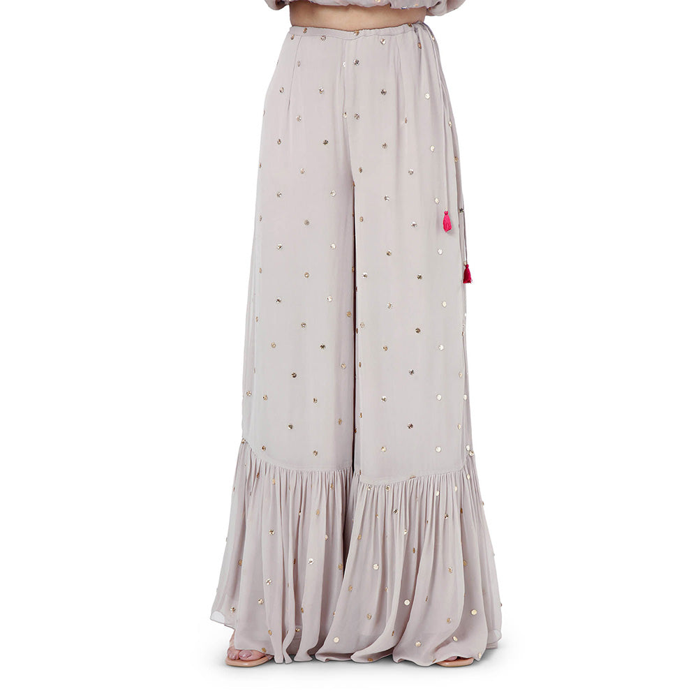 Payal Singhal Grey Embroidered Kaftan with Belt and Frill Palazzo (Set of 3)