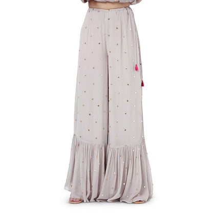 Payal Singhal Grey Embroidered Kaftan with Belt and Frill Palazzo (Set of 3)