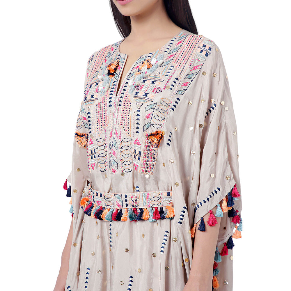 Payal Singhal Grey Embroidered Kaftan with Belt and Frill Palazzo (Set of 3)