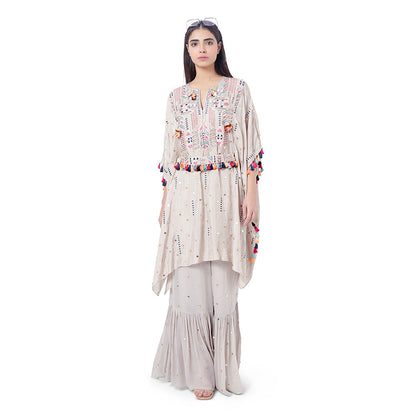 Payal Singhal Grey Embroidered Kaftan with Belt and Frill Palazzo (Set of 3)