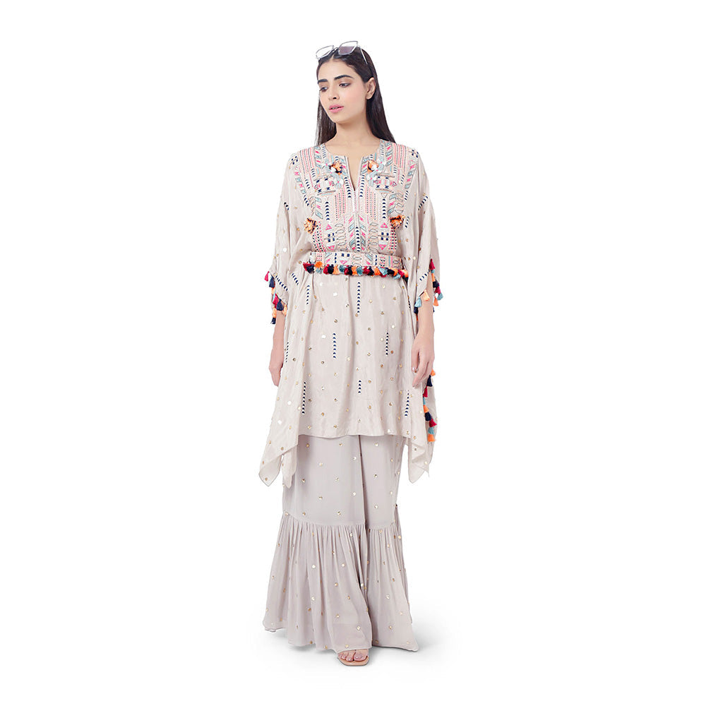 Payal Singhal Grey Embroidered Kaftan with Belt and Frill Palazzo (Set of 3)