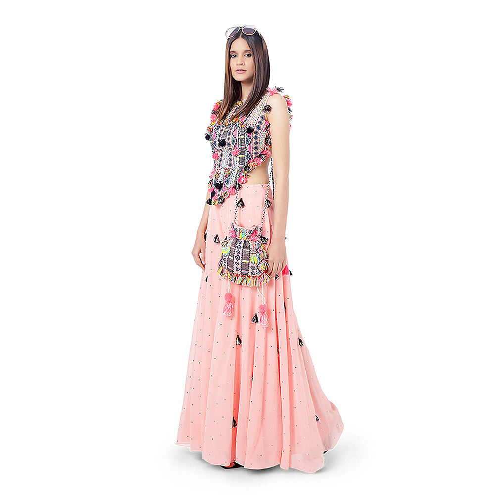 Payal Singhal Coral Embroidered Tie-Up Top with Sharara (Set of 2)