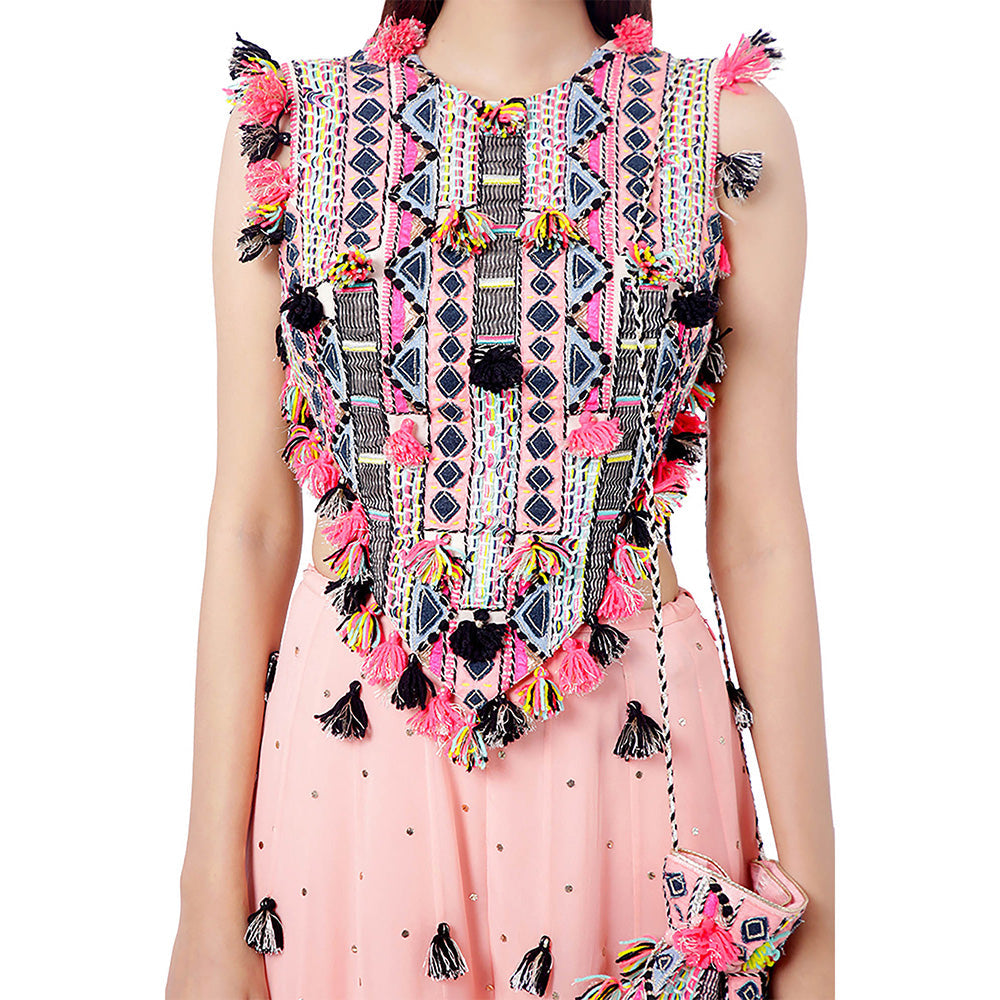 Payal Singhal Coral Embroidered Tie-Up Top with Sharara (Set of 2)