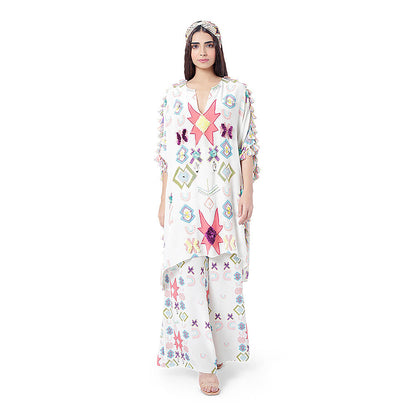 Payal Singhal White Printed Short Kaftan with Palazzo (Set of 2)