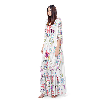 Payal Singhal White Printed Kaftan with Frill Palazzo (Set of 2)