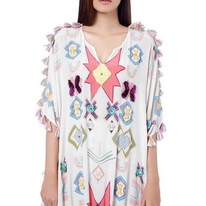 Payal Singhal White Printed Kaftan with Frill Palazzo (Set of 2)