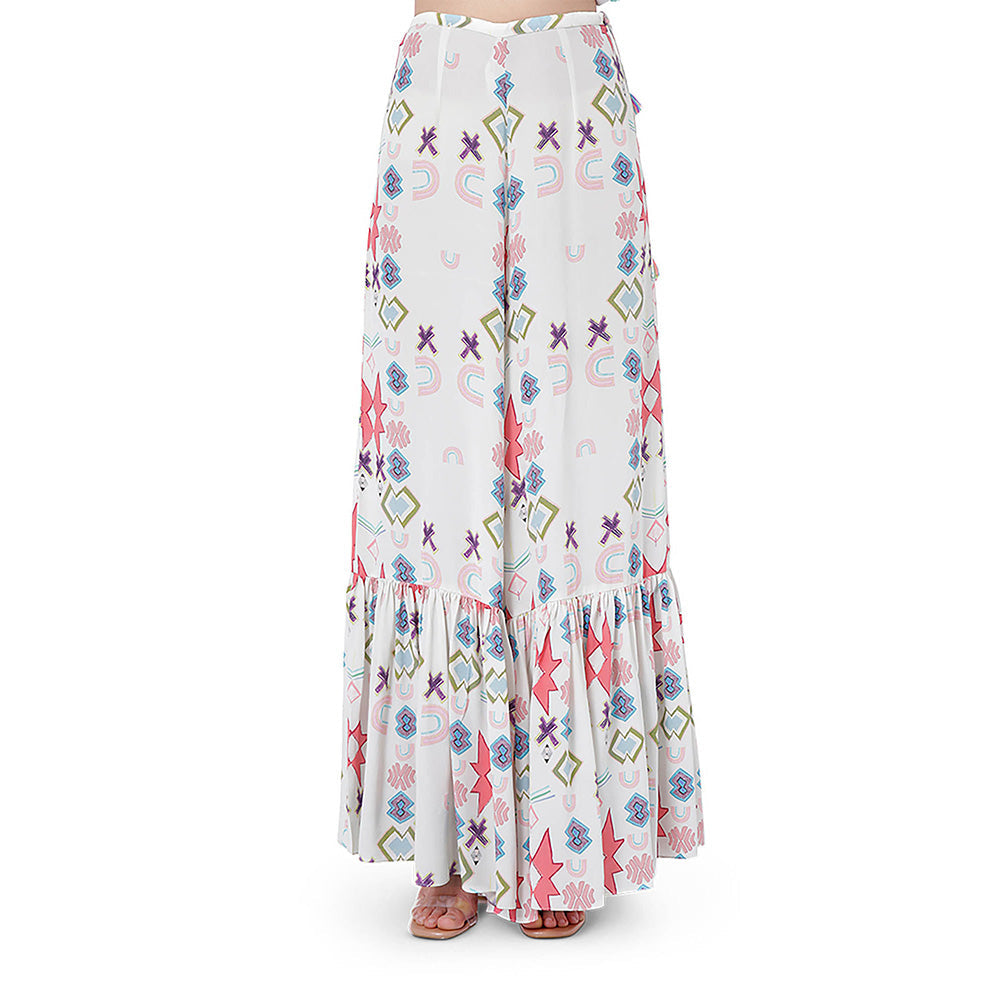 Payal Singhal White Printed Kaftan with Frill Palazzo (Set of 2)