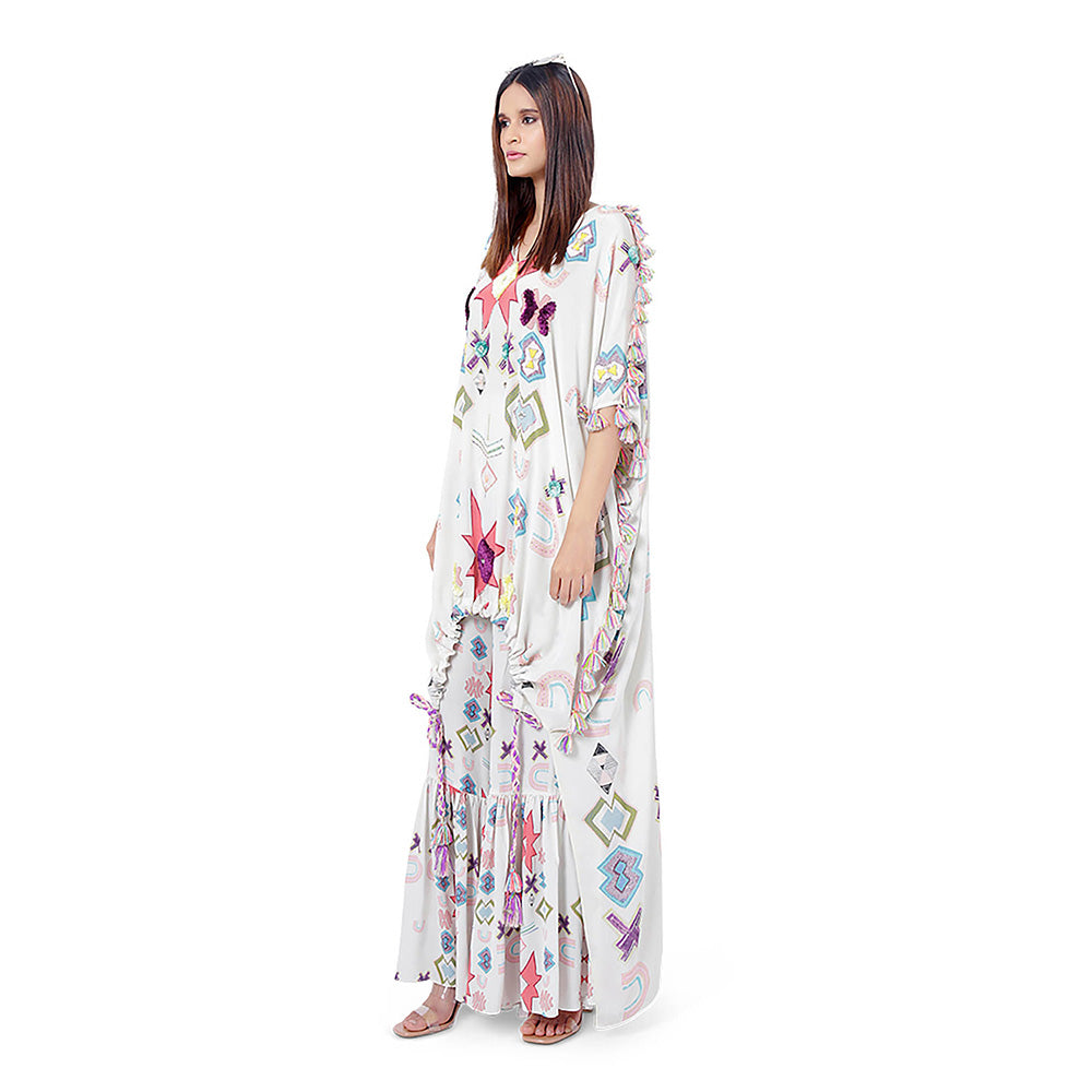 Payal Singhal White Printed Kaftan with Frill Palazzo (Set of 2)