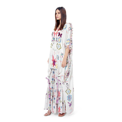 Payal Singhal White Printed Kaftan with Frill Palazzo (Set of 2)