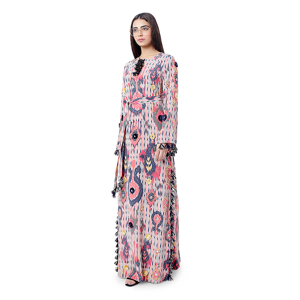 Payal Singhal Multi-Colour Printed Embroidered Dress with Belt (Set of 2)