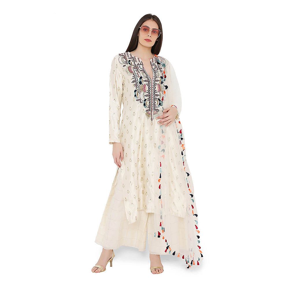 Payal Singhal Cream Kurta with Palazzo and Dupatta (Set of 3)