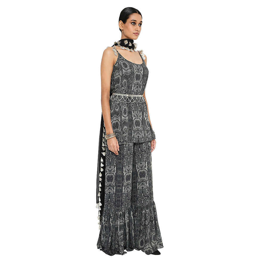 Payal Singhal Black Printed Kurta with Frill Sharara and Dupatta (Set of 3)