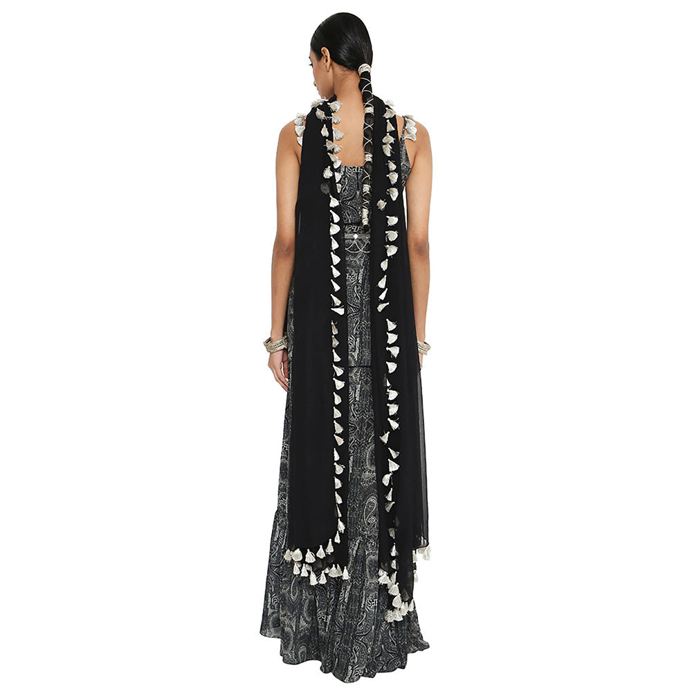Payal Singhal Black Printed Kurta with Frill Sharara and Dupatta (Set of 3)