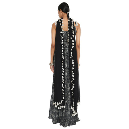 Payal Singhal Black Printed Kurta with Frill Sharara and Dupatta (Set of 3)